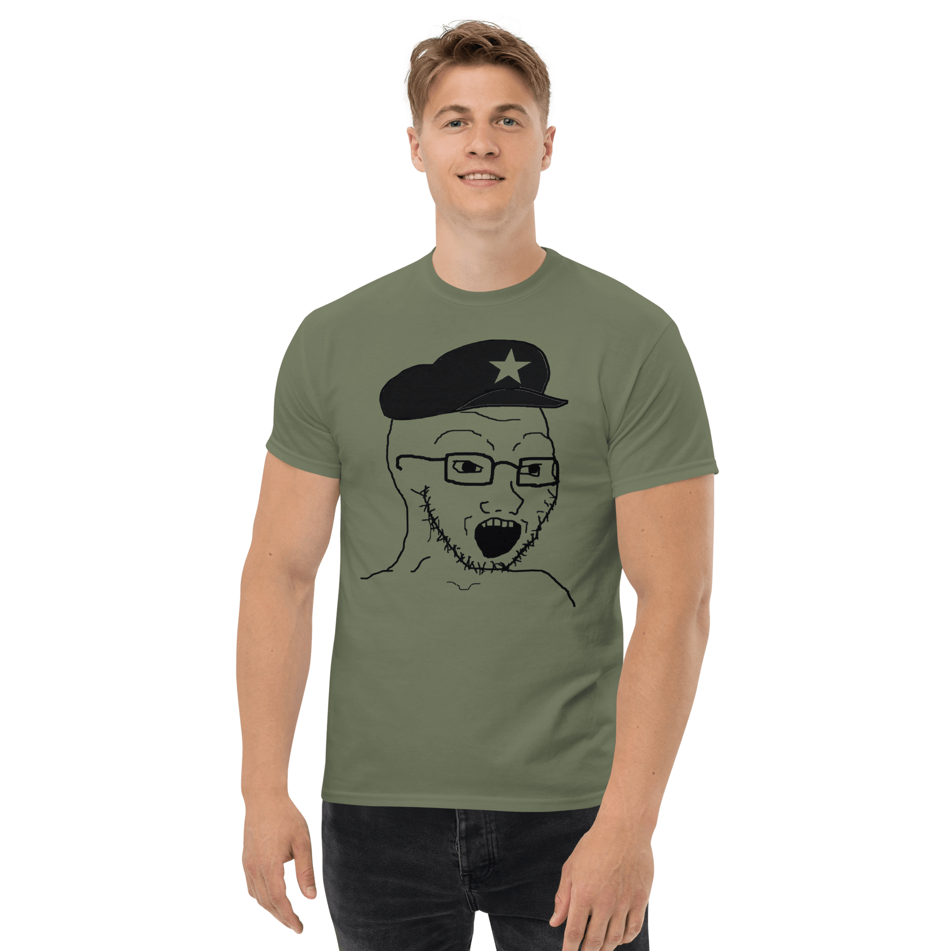 AuthLeft Wojak Meme Classic T-Shirt Meme - Military Green | Shirtposting