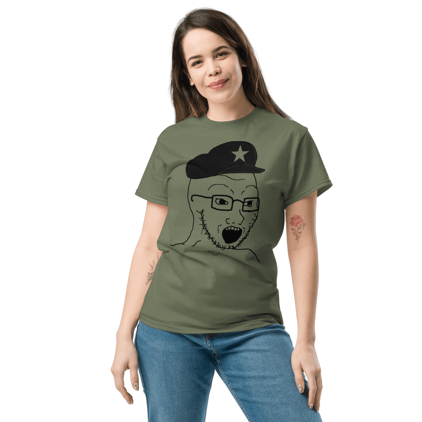 AuthLeft Wojak Meme Classic T-Shirt Meme - Military Green | Shirtposting