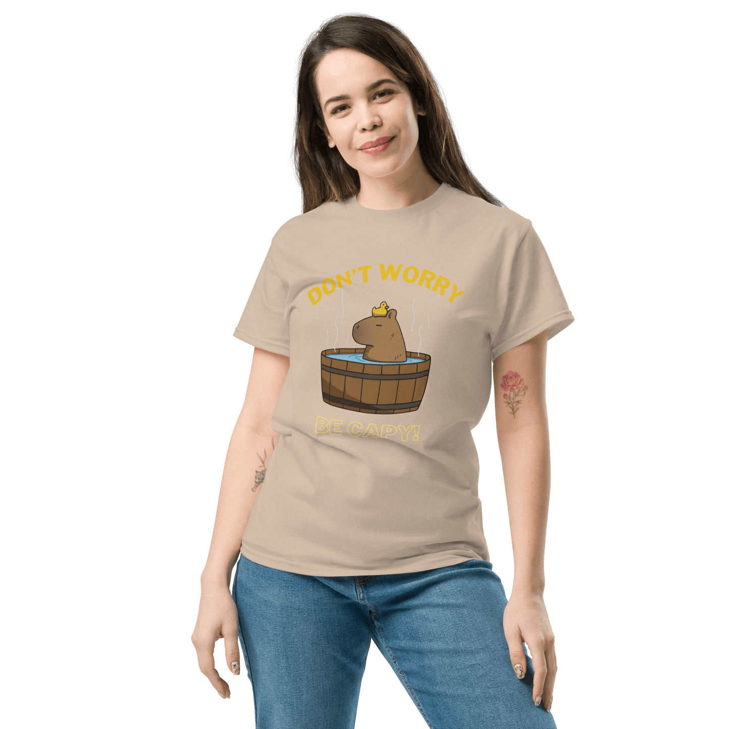 Don't Worry Be Capy Classic T-Shirt Meme - Military Green | Shirtposting