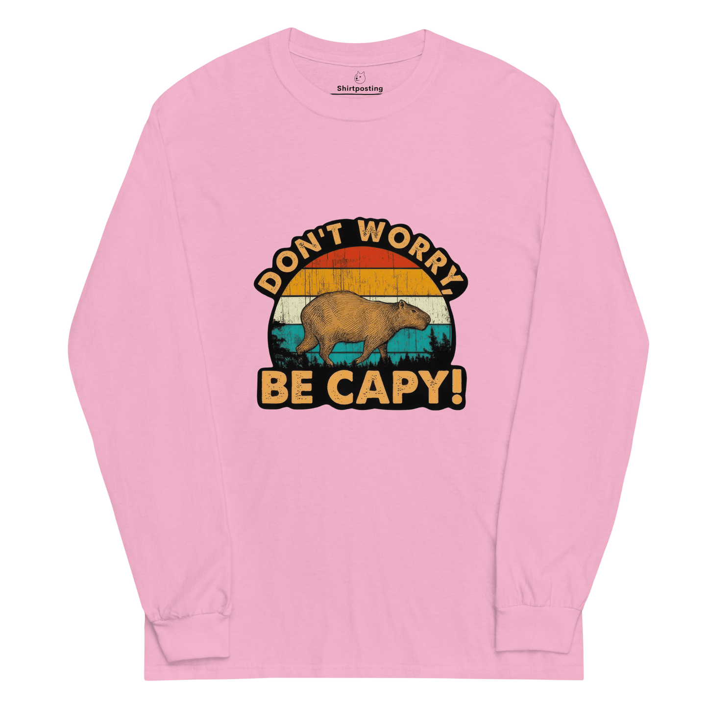 Don't Worry Be Capy Long Sleeve T-Shirt Meme - Light Pink | Shirtposting