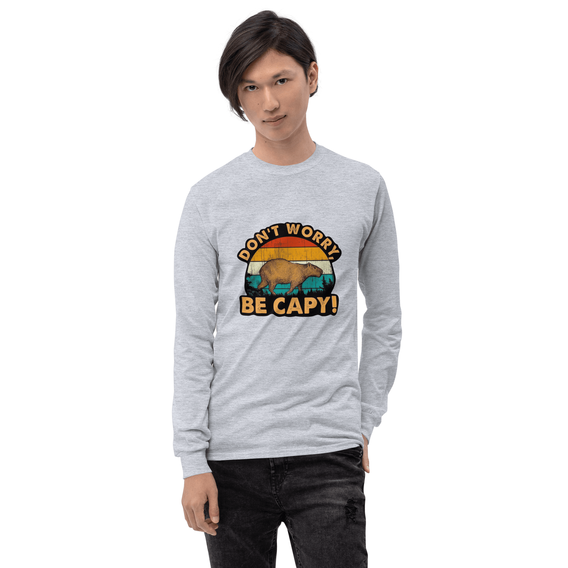 Don't Worry Be Capy Long Sleeve T-Shirt Meme - Sport Grey | Shirtposting