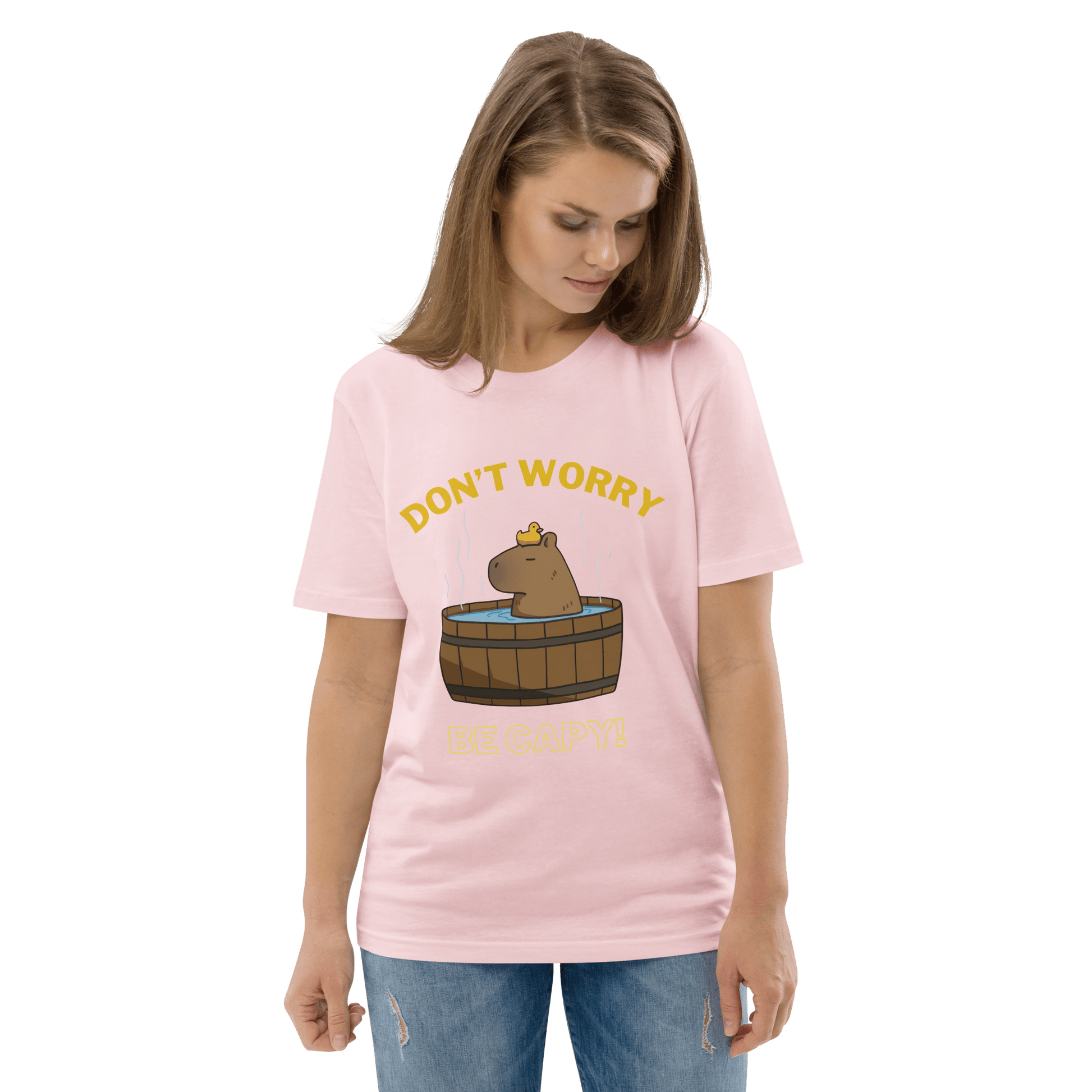 Don't Worry Be Capy Premium Organic T-Shirt Meme - Cotton Pink | Shirtposting