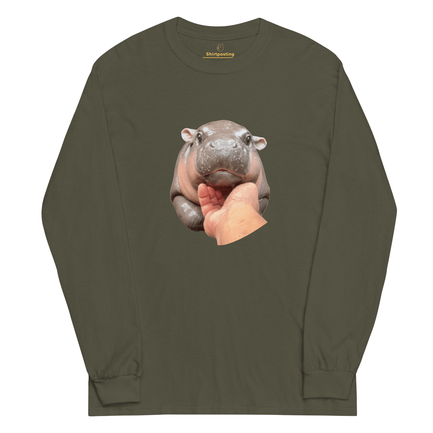Moo Deng Long Sleeve T-Shirt Meme - Military Green | Shirtposting