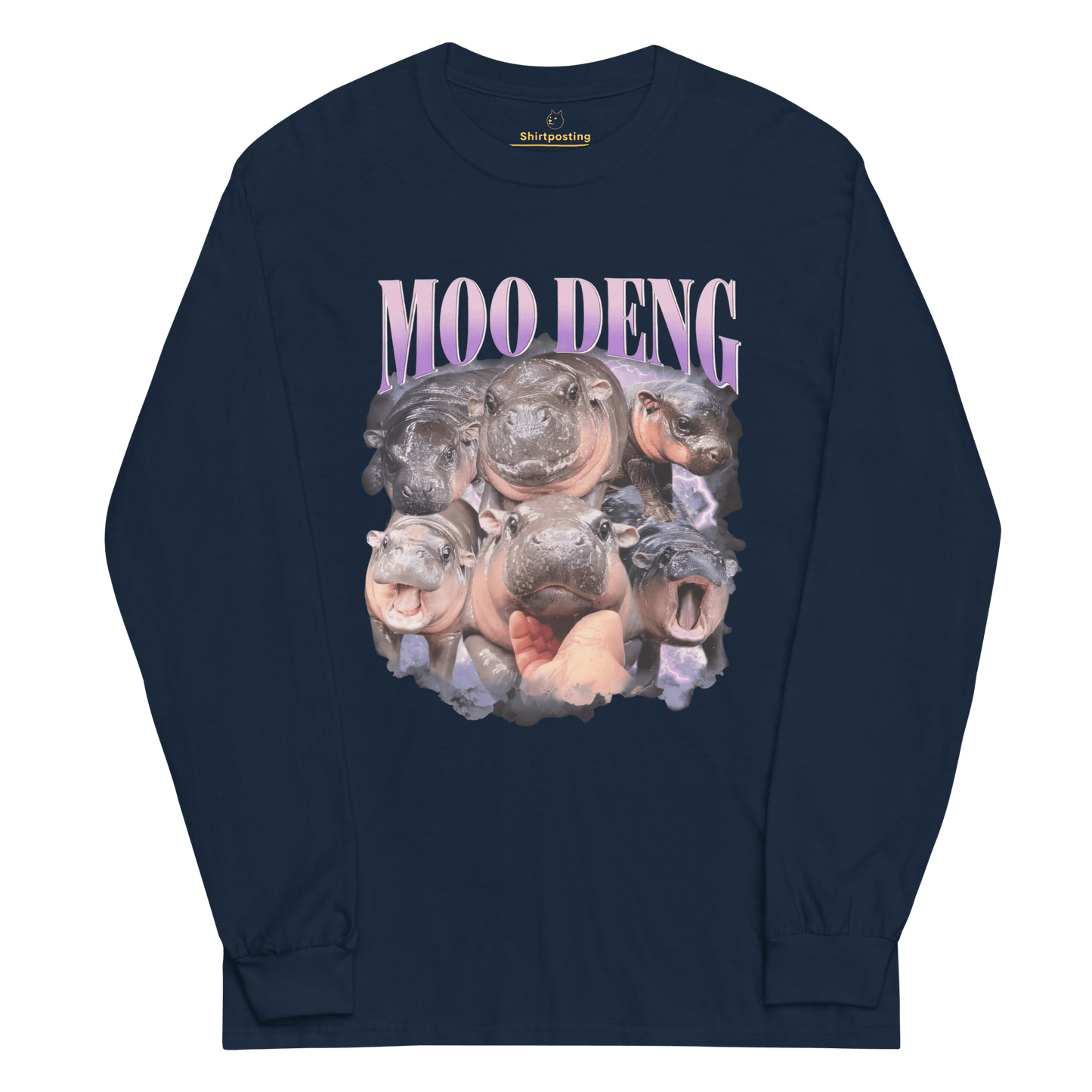 Moo Deng Long Sleeve T-Shirt Meme - Navy | Shirtposting