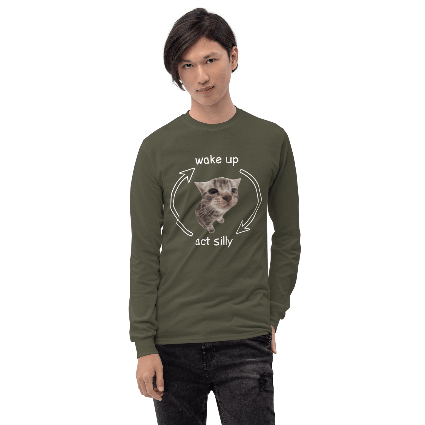 Wake Up - Act Silly Long Sleeve T-Shirt Meme - Sport Grey | Shirtposting