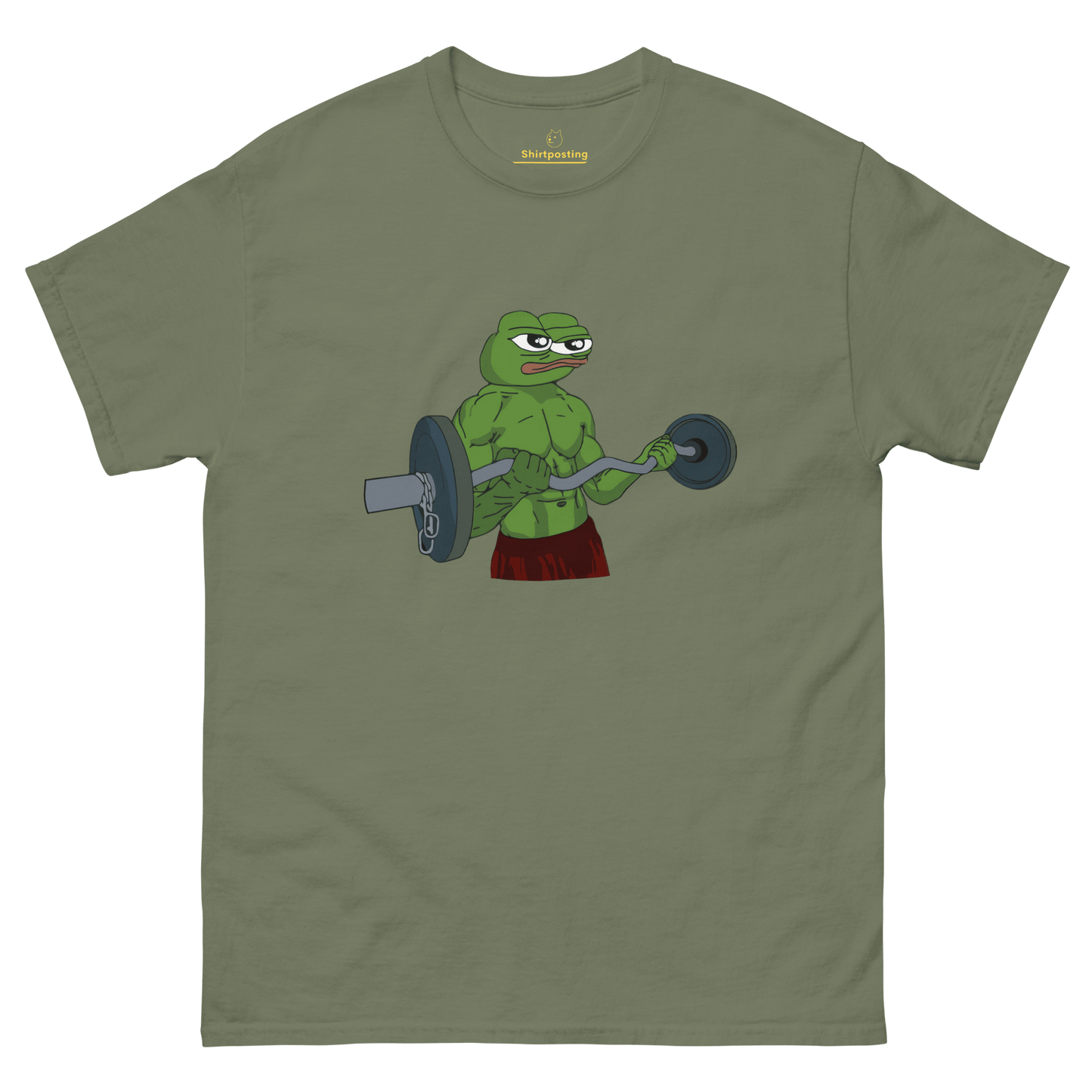 Working Out Pepe Classic T-Shirt Meme - Military Green | Shirtposting